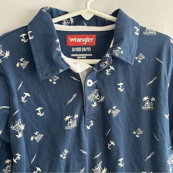 Wrangler Kid's Navy Blue Tropical Print Polo Shirt - Picture 3 of 7